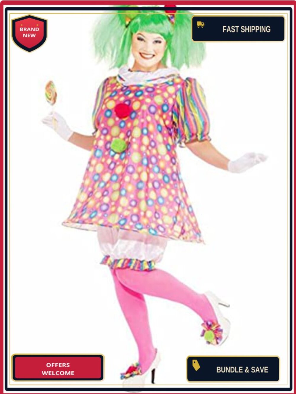 Plus Size Tickles Clown Costume Dress Bloomers Hair Scrunchies
